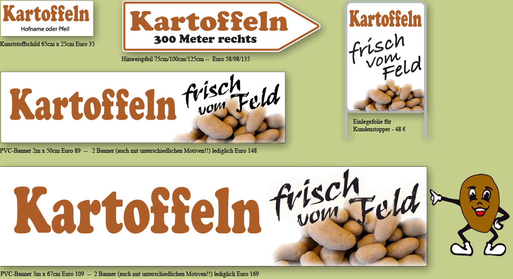 Kartoffelschilder, Kartoffelpfeile, Kartoffelbanner, Kartoffelkundenstopper