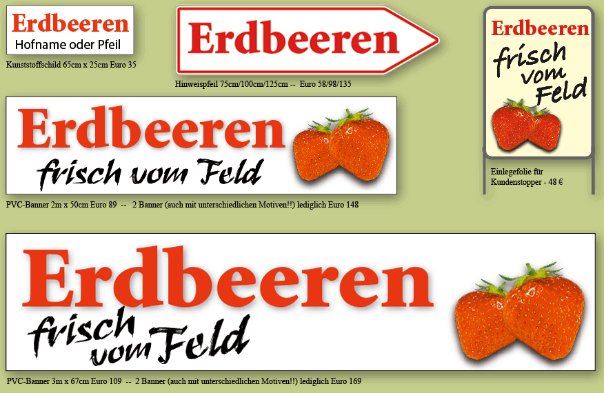 Erbeerschilder, Erdbeerpfeile, Erdbeerbanner, Erbeerkundenstopper