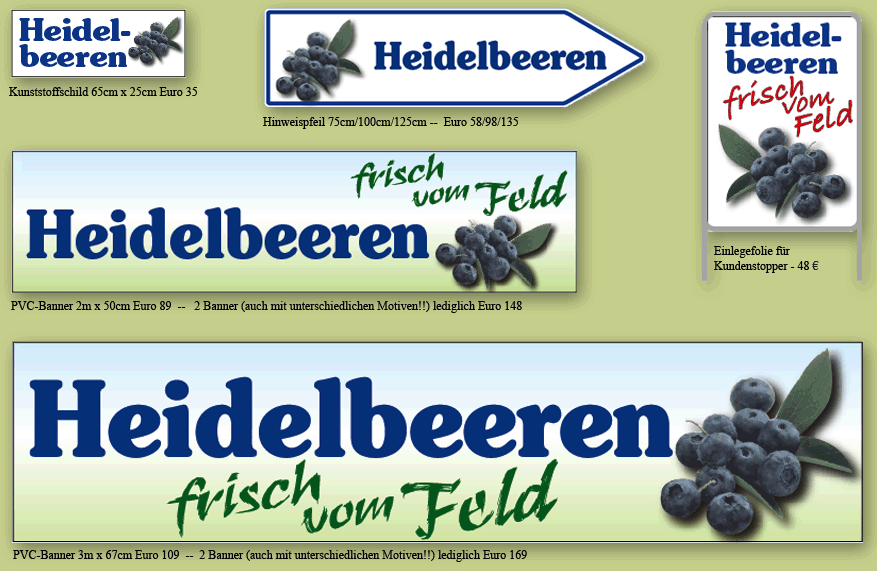 Heidelbeerenschilder, Heidelbeerenpfeile, Heidelbeerenbanner, Heidelbeerenkundenstopper