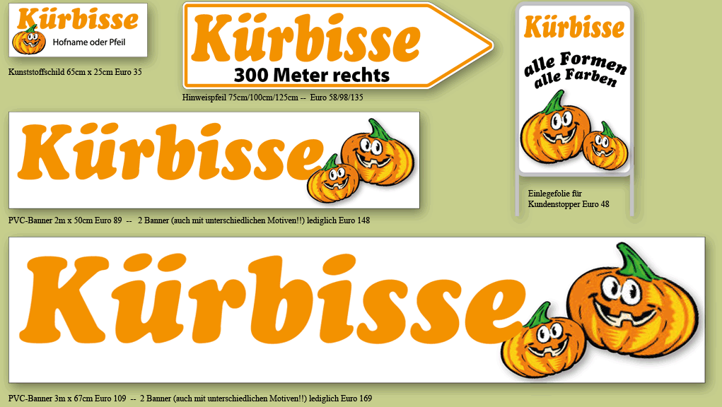 Kuerbissschilder, Kuerbisspfeile, Kuerbissbanner, Kuerbisskundenstopper