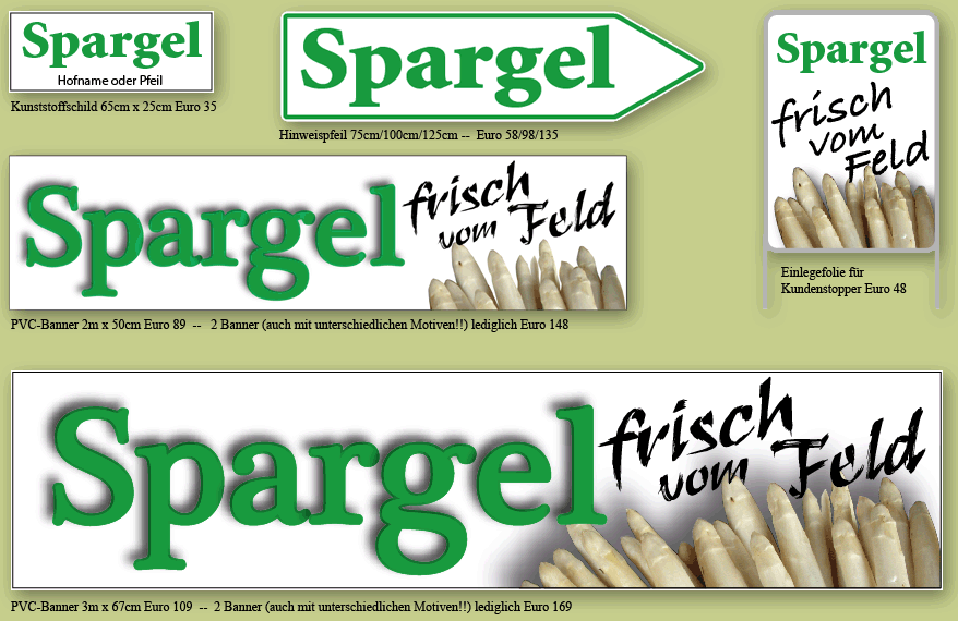 Spargelschilder, Spargelpfeile, Spargelbanner, Spargelkundenstopper